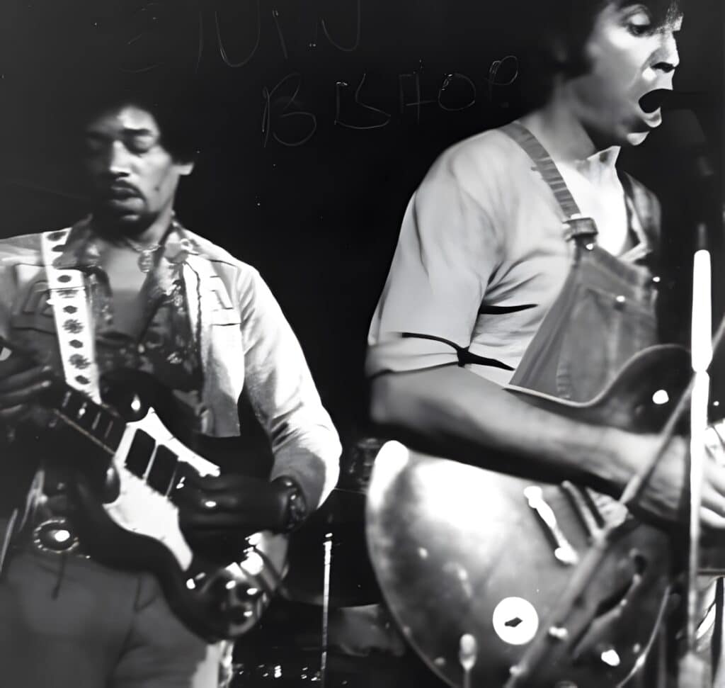 Jimi Hendrix with Elvin Bishop, playing a Gibson SG Custom. Unganos Club, New York City 1969/70