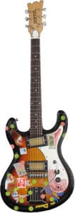 Kurt Cobain's Univox Hi-Flier guitar decorated with stickers.