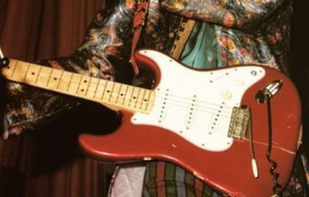 The state that the guitar was around late May 1967, before it was decorated. Note the big crack on the bottom, below the bridge. 