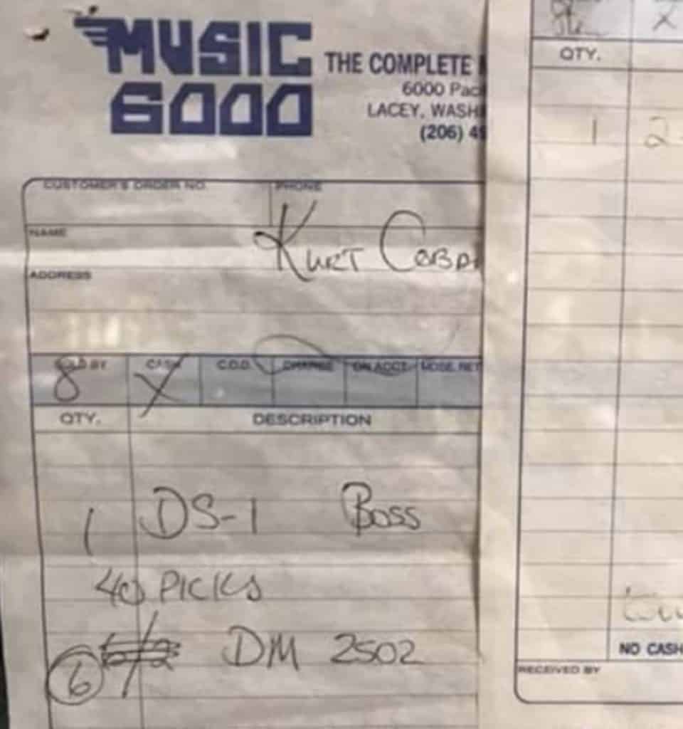 Receipt showing Kurt Cobain buying Dean Markley 2502 Strings from Music 6000 shop in Lacey, WA