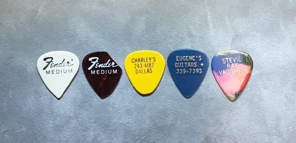 A set of different guitar picks used by Stevie Ray Vaughan.