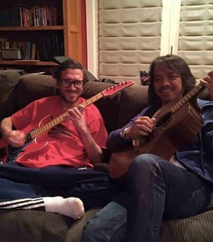 John playing his Performance guitar, with Dewa Budjana sitting right next to him. 
