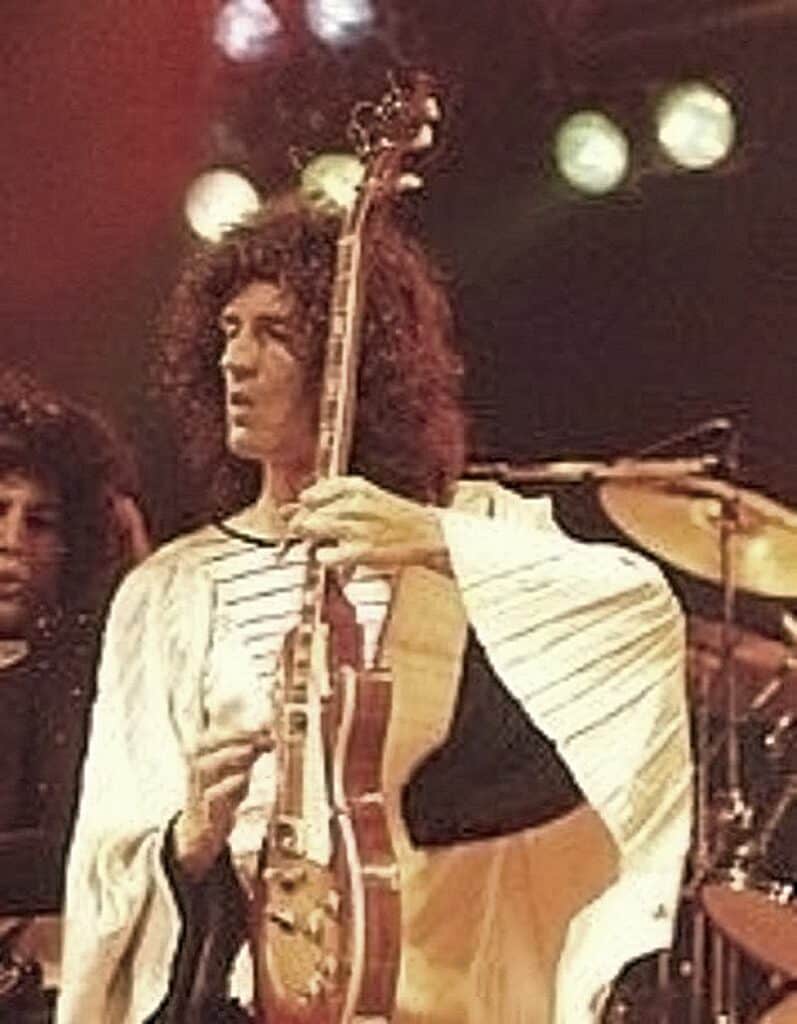 Brian May playing a Gibson Les Paul Deluxe, mid 1970s.