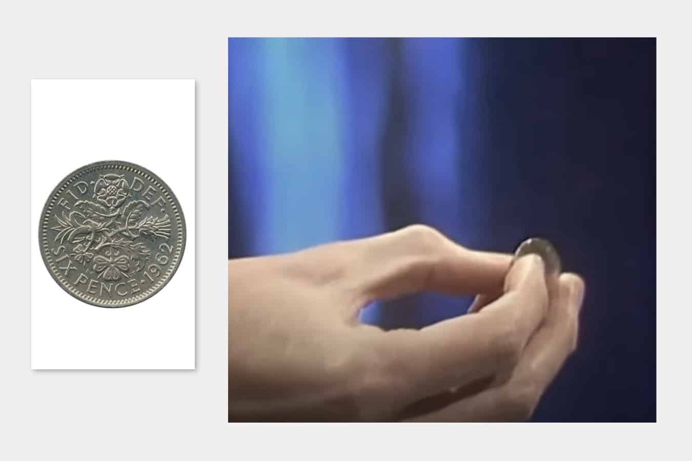 An English Sixpence coin that Brian uses as a guitar pick. Right - Brian showing the pick during an interview in 1978.