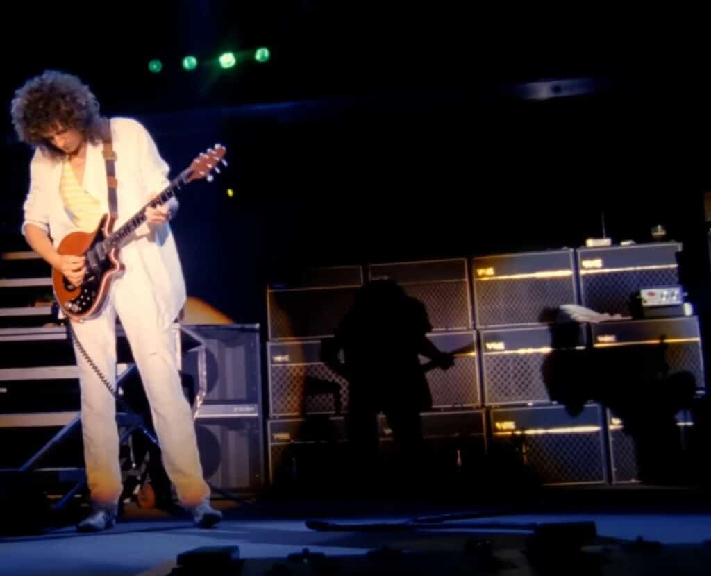 Brian may with a wall of Vox AC30 amps, Live in Budapest 1986