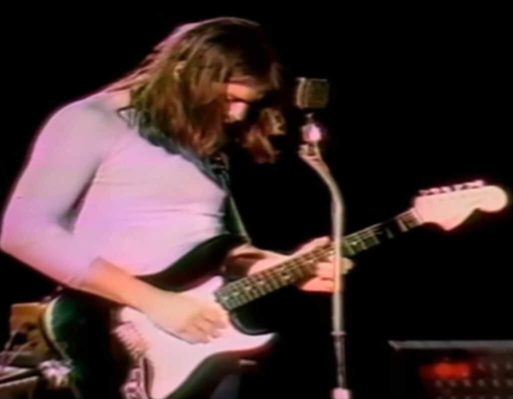 David Gilmour playing his late 60s Stratocaster in 1970.