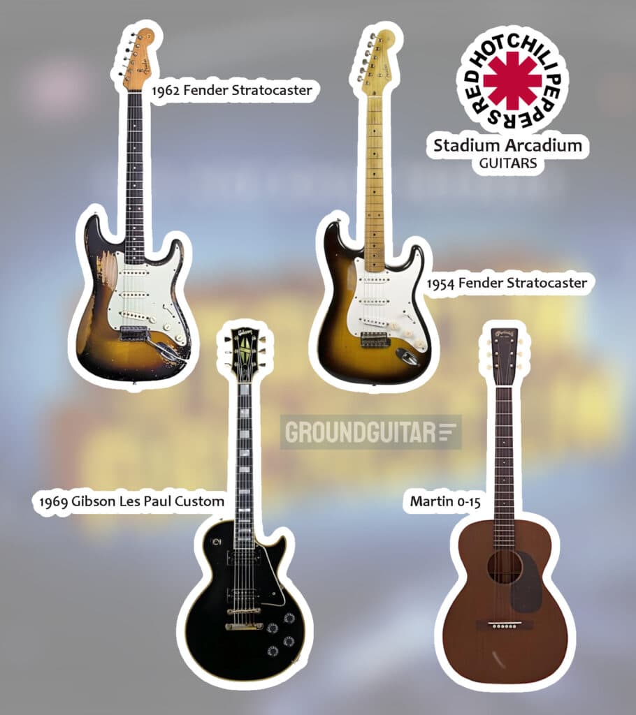 The guitars that John Frusciante used on Stadium Arcadium. From top left: 1962 Fender Stratocaster, 1954 Fender Stratocaster. Bottom left: 1969 Gibson Les Paul Custom, Martin 0-15